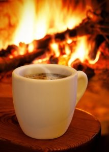 Picture of coffee and a fireplace
